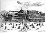 Maarten van Heemskerck (?), Veduta di San Pietro e degli edifici adiacenti. Sulla destra il palazzo dell'Arciprete, anni trenta del secolo XVI.